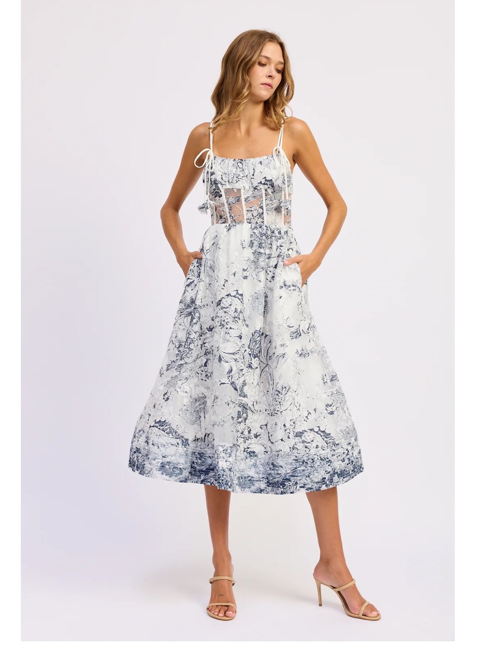 en saison cyrus blue & white floral print corset bodice midi dress small NEW